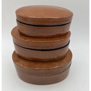 Set 3 Brown Oval Lacquer Nesting Boxes 5.25" Box Works Handmade Trinket